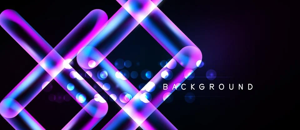 Abstract neon lines intersect over dark background. Bright circles add visual イラスト素材