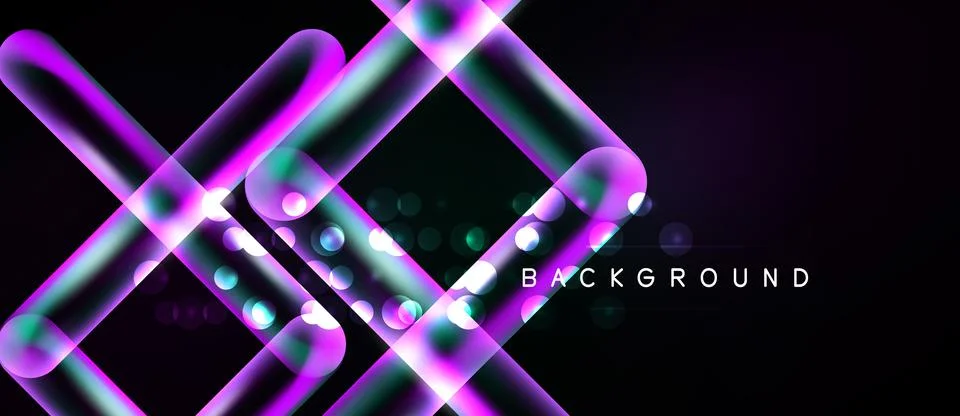Abstract neon lines intersect over dark background. Glowing circles add depth Ilustração Stock