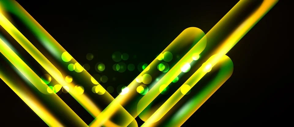 Abstract neon lines intersect over dark background. Bright glowing orbs add Stock Illustration