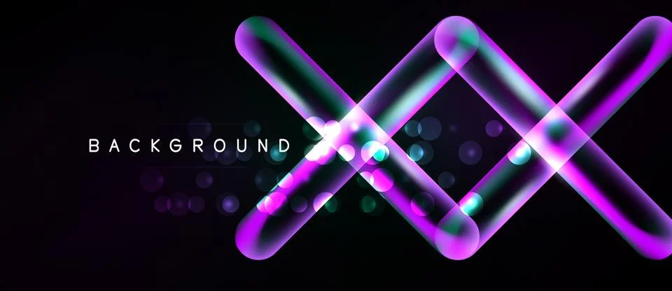 Abstract neon lines intersect over dark background. Glowing circles add depth Illustrazione stock