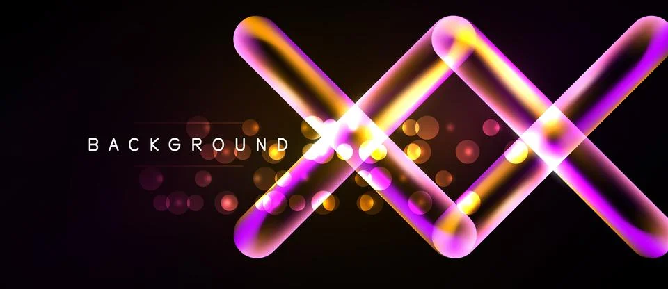 Abstract neon lines intersect over dark background. Bright circles add dynami Stock Illustration