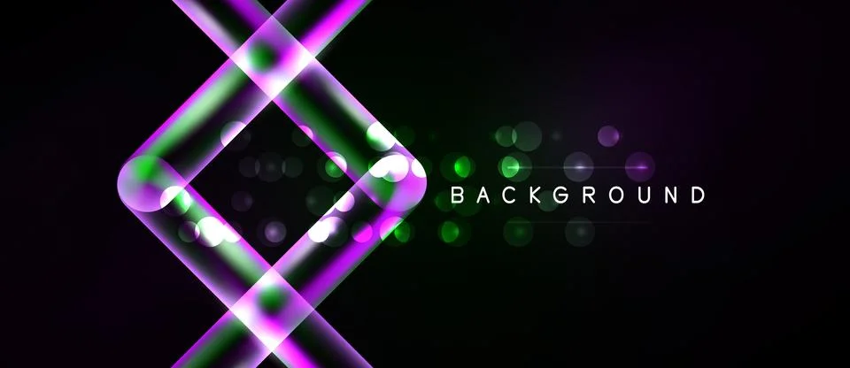 Abstract neon lines intersect over black background. Bright glowing dots add Stock Illustration