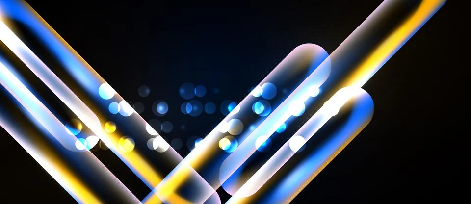Abstract neon lines intersect over dark background. Bright glowing orbs add Stock Illustration
