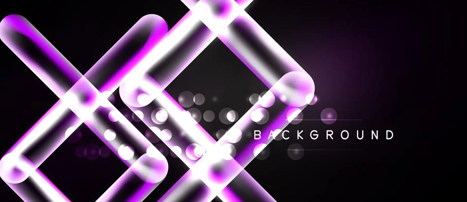 Abstract neon lines intersect over dark backdrop. Bright glowing shapes creat Ilustração Stock