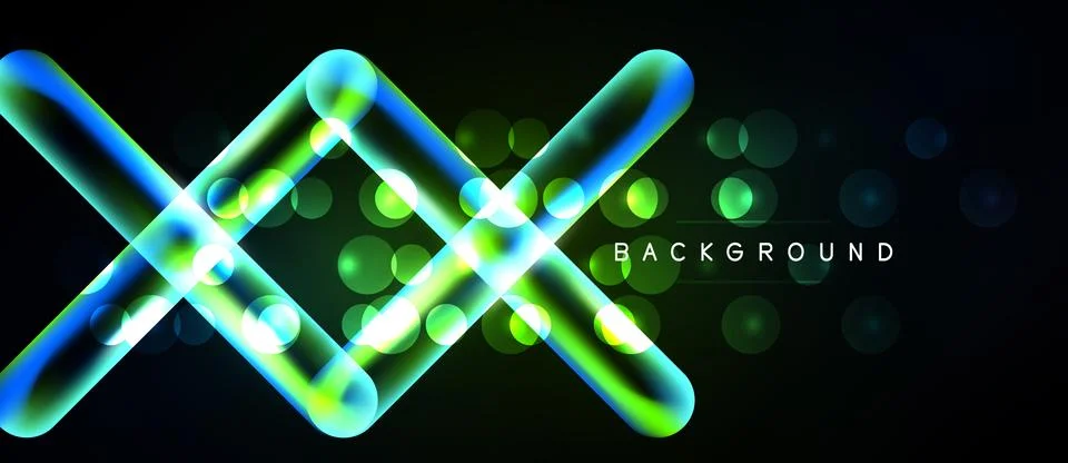 Abstract neon lines intersect over dark background. Bright circles add dynami Stock Illustration