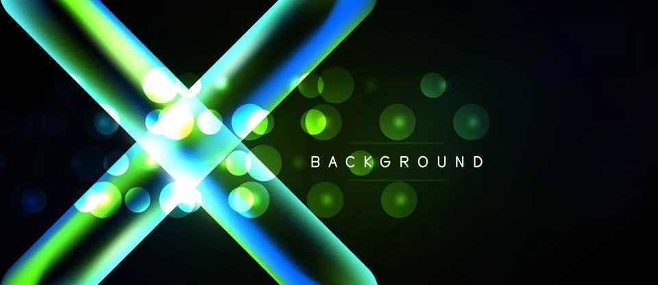 Abstract neon lines intersect over dark background. Bright glowing circles ad Stock Illustration