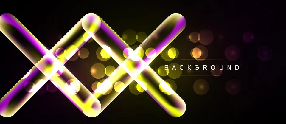 Abstract neon lines intersect over dark background. Glowing circles add depth Stock Illustration