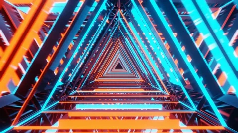 Abstract neon luminous moving triangles tunnel. Futuristic tunnel colored Stock Footage