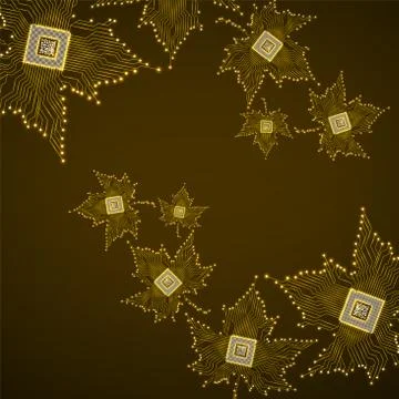 Abstract neon maple leaves with microprocessor inside Stock Illustration