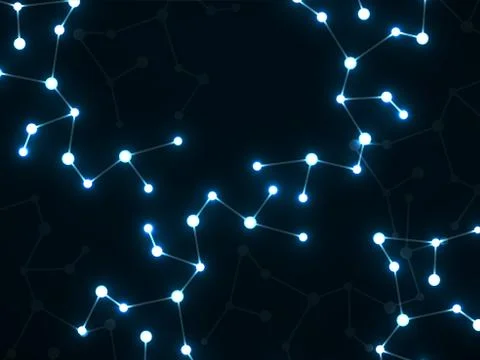 Abstract neon molecular structure, scientific glowing background. Technology  Illustrazione stock