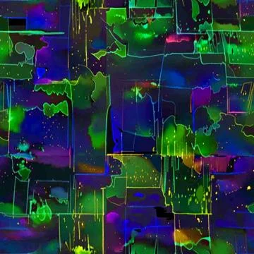 Abstract neon mosaic pattern with glowing geometric shapes, dark blue background Stock Illustration