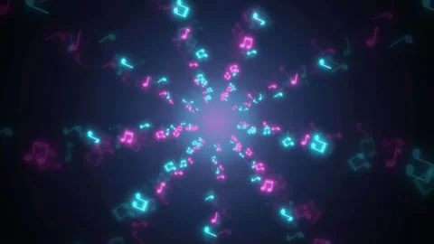Abstract neon musical notes flying through a dark digital tunnel in pink and Stock Footage 343862094