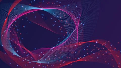 Abstract neon particles background. Magical wave swirling in a dark blue space. Stock Illustration
