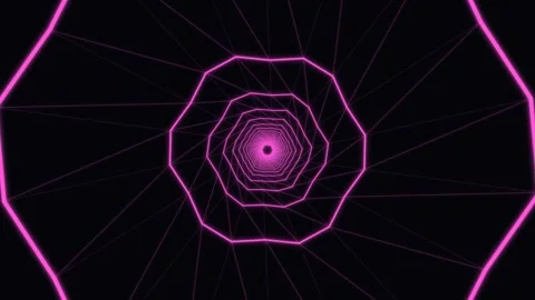 Abstract neon pink wireframe tunnel receding into black background Stock Footage 336995479