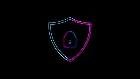 Abstract Neon protection shield icon cyan purple color with glowing lock ic.. Stock Footage 293483087