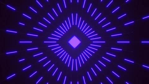 Abstract neon purple light rays tunnel with glowing geometric center background Stock Footage 333189380