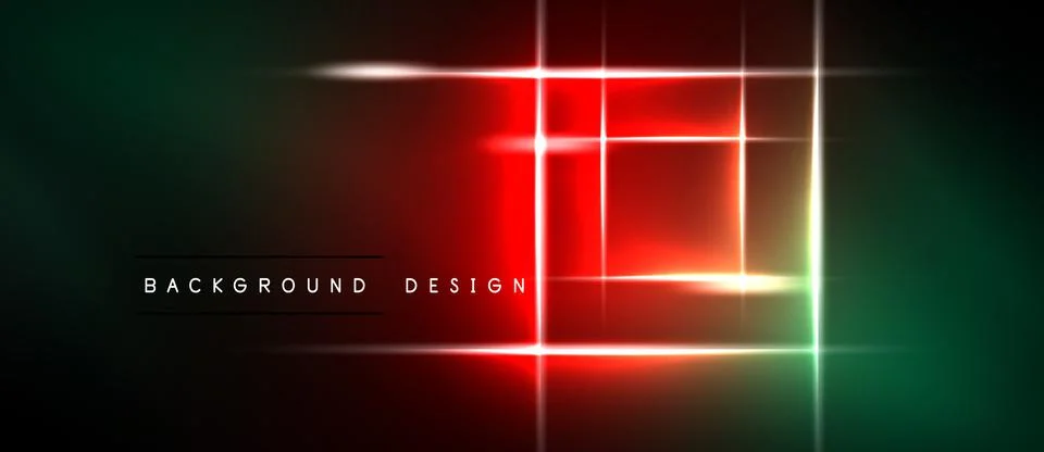 Abstract neon rectangles overlap dark background. Gradient transitions create Stock Illustration