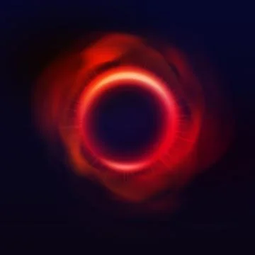 An abstract neon red circle with a glowing effect, rays, and dust on a dark Stock Illustration