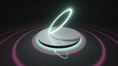 Abstract neon ring floating above platform with concentric light waves motion Stock Footage 346990014