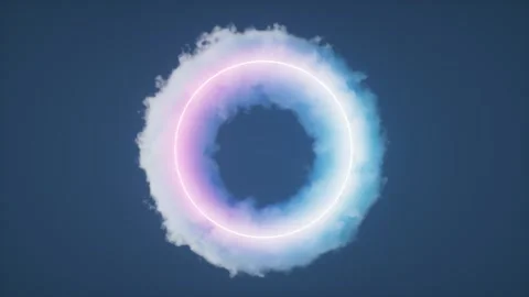 Abstract neon ring glowing inside white fluffy cloud circle on dark blue ba.. Stockbeeldmateriaal 332315988
