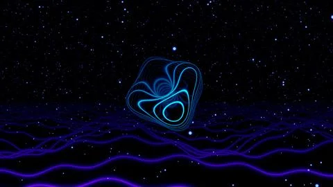 Abstract Neon Shape Glow in Starry Space with Wavy Grid ? Digital Art and Stock Illustration