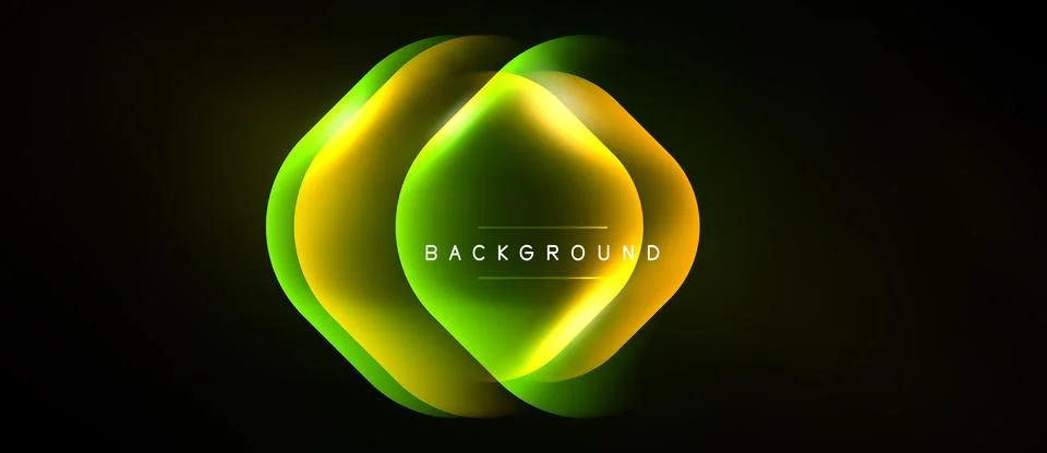 Abstract neon shape glows against dark backdrop. Yellow, green layers create Stock Illustration