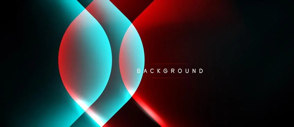 Abstract neon shapes overlap, creating vibrant blue, red gradients. Dark Stock Illustration