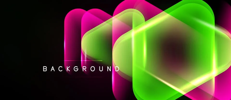 Abstract neon shapes overlap, creating vibrant glow. Dark background emphasiz Stockillustratie