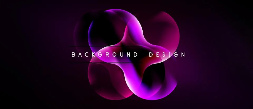 Abstract neon shapes overlap, creating dynamic purple glow. Dark background Illustrazione stock