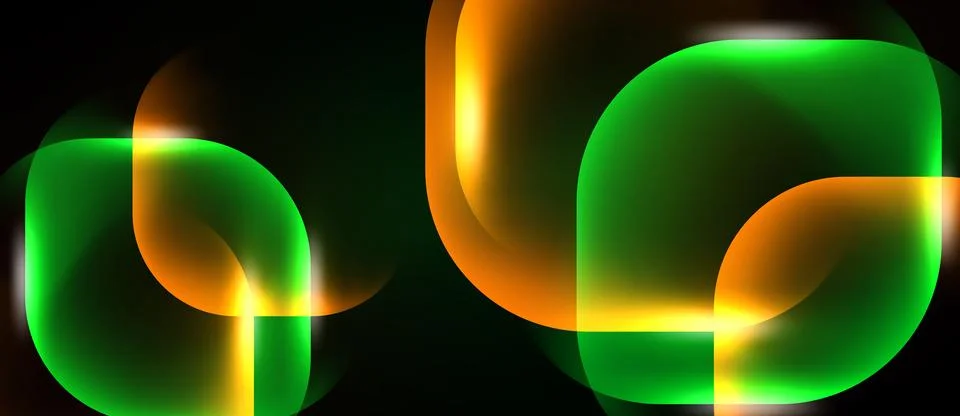 Abstract neon shapes overlap, creating vibrant green, orange glow. Dark Stock Illustration