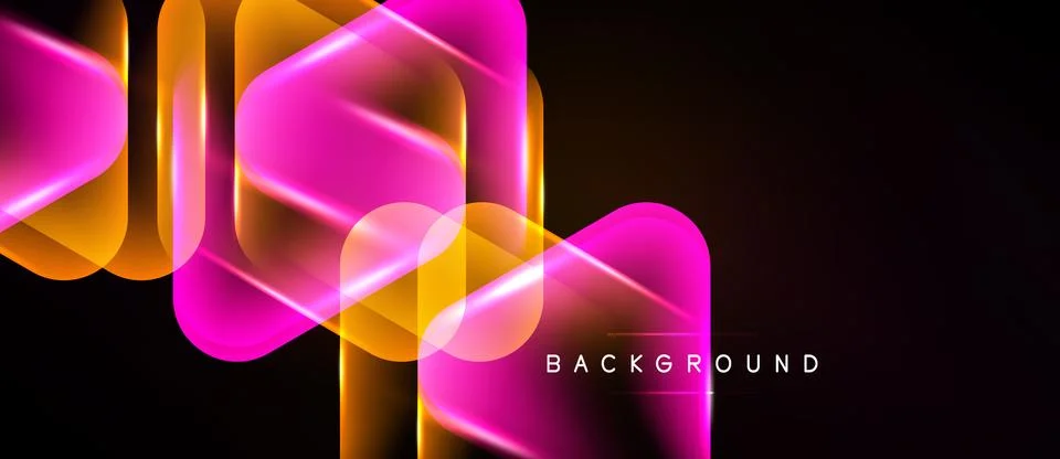 Abstract neon shapes overlap, creating vibrant glow. Dark background emphasiz Stock Illustration