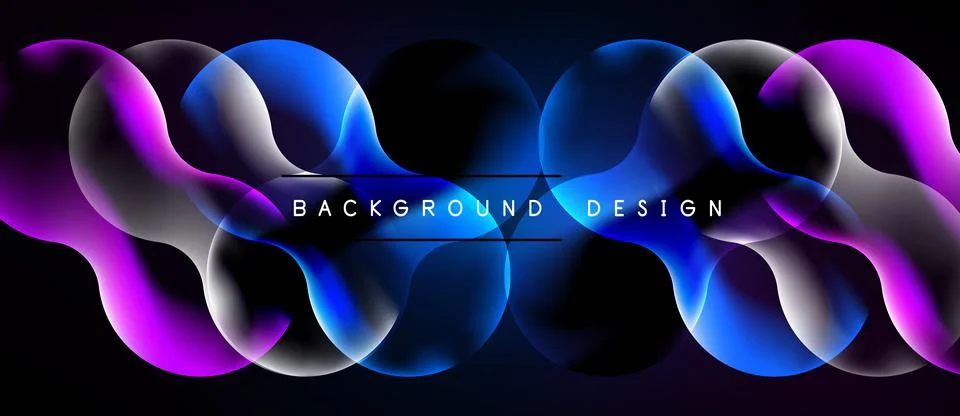 Abstract neon shapes overlap, creating vibrant blue, purple glow. Dark Stock Illustration
