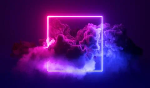 Abstract neon square frame with swirling pink and blue smoke clouds, futuri.. 스톡 일러스트