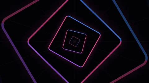 Abstract neon square layers forming a hypnotic glowing tunnel on dark backg.. Stock Footage 338312040