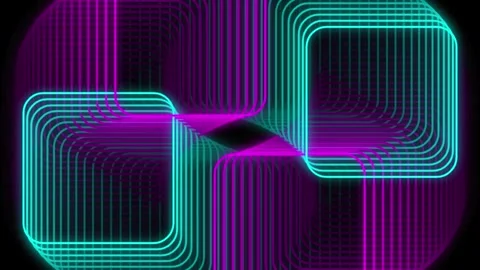 Abstract neon square tunnel animation with cyan and purple lines rotating o.. 動画素材 343558889