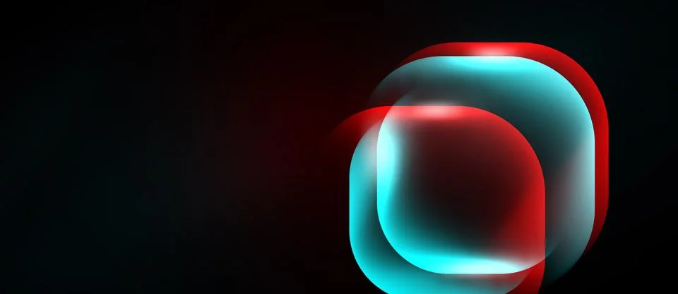 Abstract neon squares overlap, creating glowing effect. Dark background Illustrazione stock