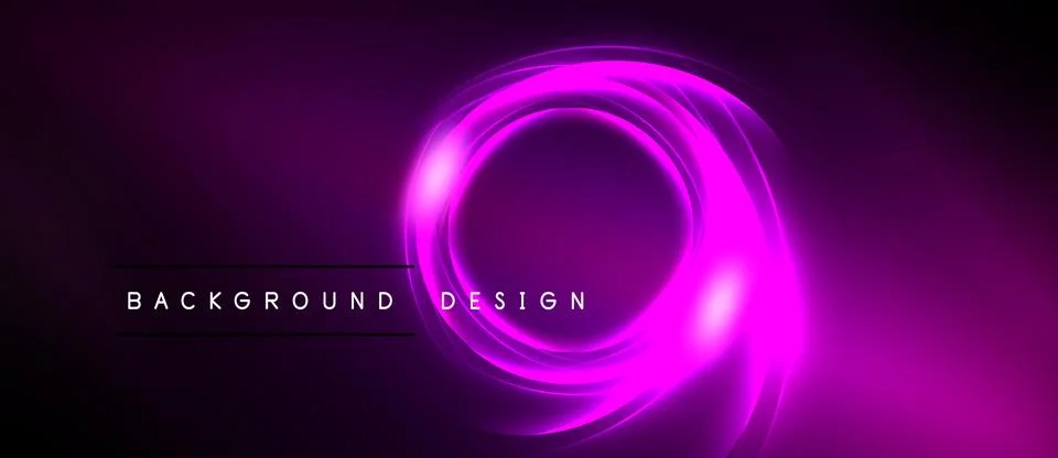 Abstract neon swirls create dynamic purple glow. Background features text Stock Illustration