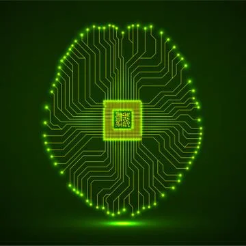 Abstract neon technological brain, artificial intelligence with cpu, circuit Stock Illustration