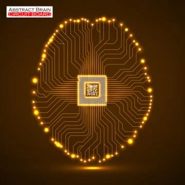 Abstract neon technological brain, artificial intelligence with cpu Stock Illustration