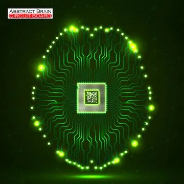 Abstract neon technological brain, artificial intelligence with cpu, circuit  Illustrazione stock