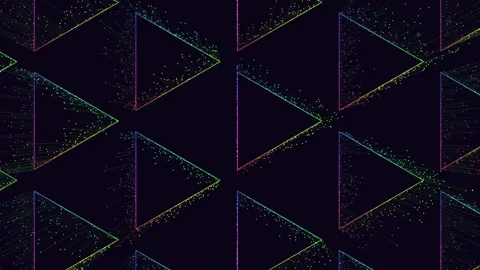 Abstract neon triangle frames with glowing particle trails on dark background Stock Footage 333188276