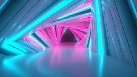 Abstract neon triangle tunnel technological. Endless swirling animated backgr Stock Illustration