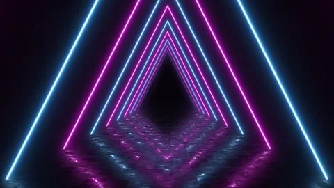 Abstract neon triangular tunnel with reflective floor loop in cyber background Stock Footage 336618514