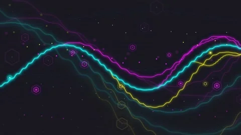 Abstract Neon Wave Lines Flowing Through Dark Space with Glowing Particles and Stock Footage 340119881