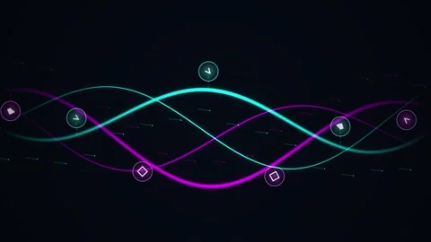 Abstract Neon Waveform Sound Visualization with Digital Icons Stock Footage 347559876