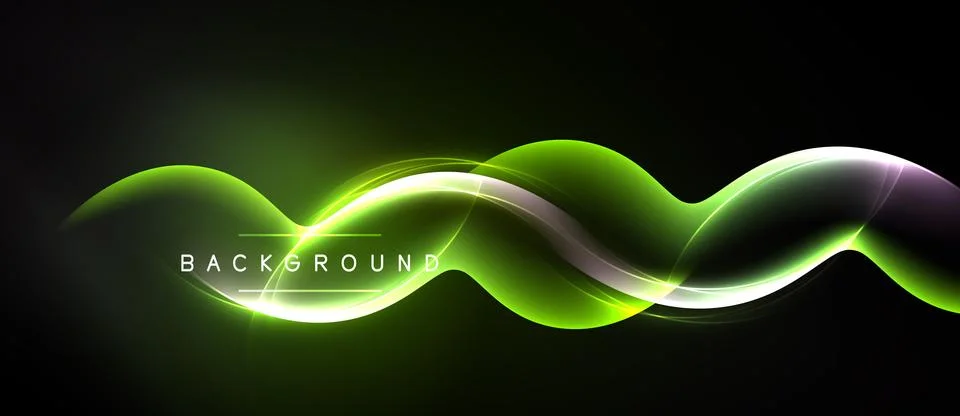 Abstract neon waves flow across dark background. Bright green, white light Stock Illustration