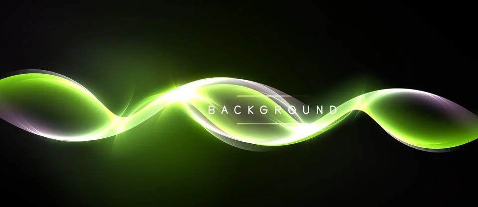 Abstract neon waves flow across dark background. Bright green light creates 스톡 일러스트