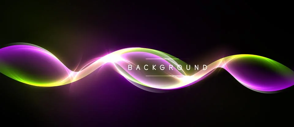 Abstract neon waves flow across black space. Bright colors blend, creating Stock Illustration