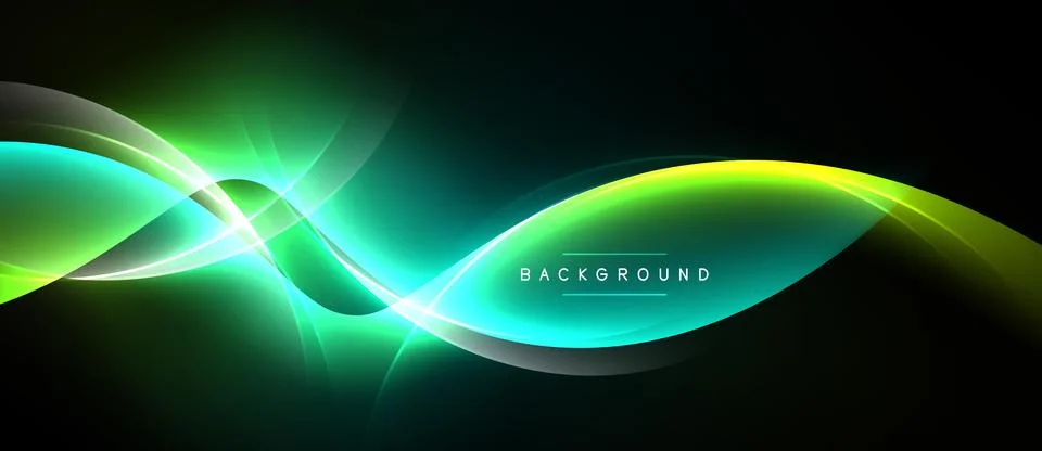 Abstract neon waves flow across dark background. Bright green, yellow hues Ilustración de archivo