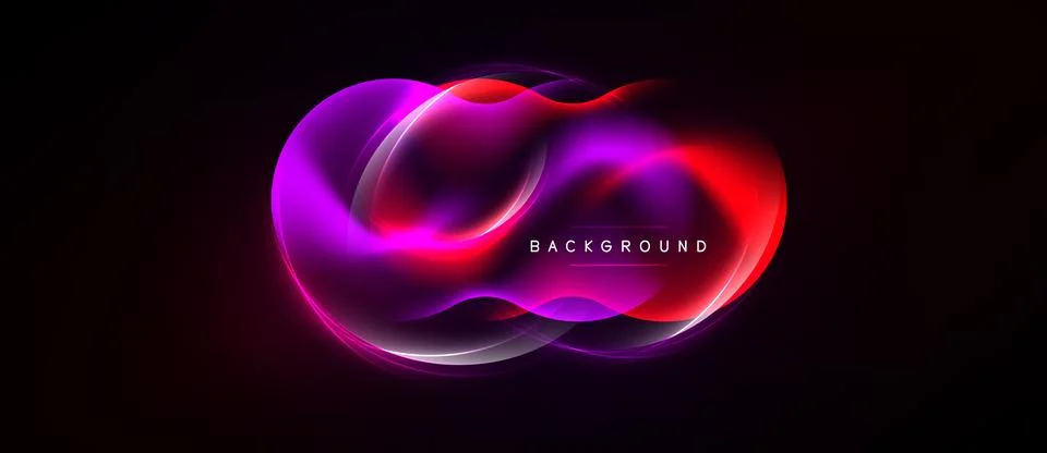 Abstract neon waves form glowing shape. Center displays text background withi Stock Illustration